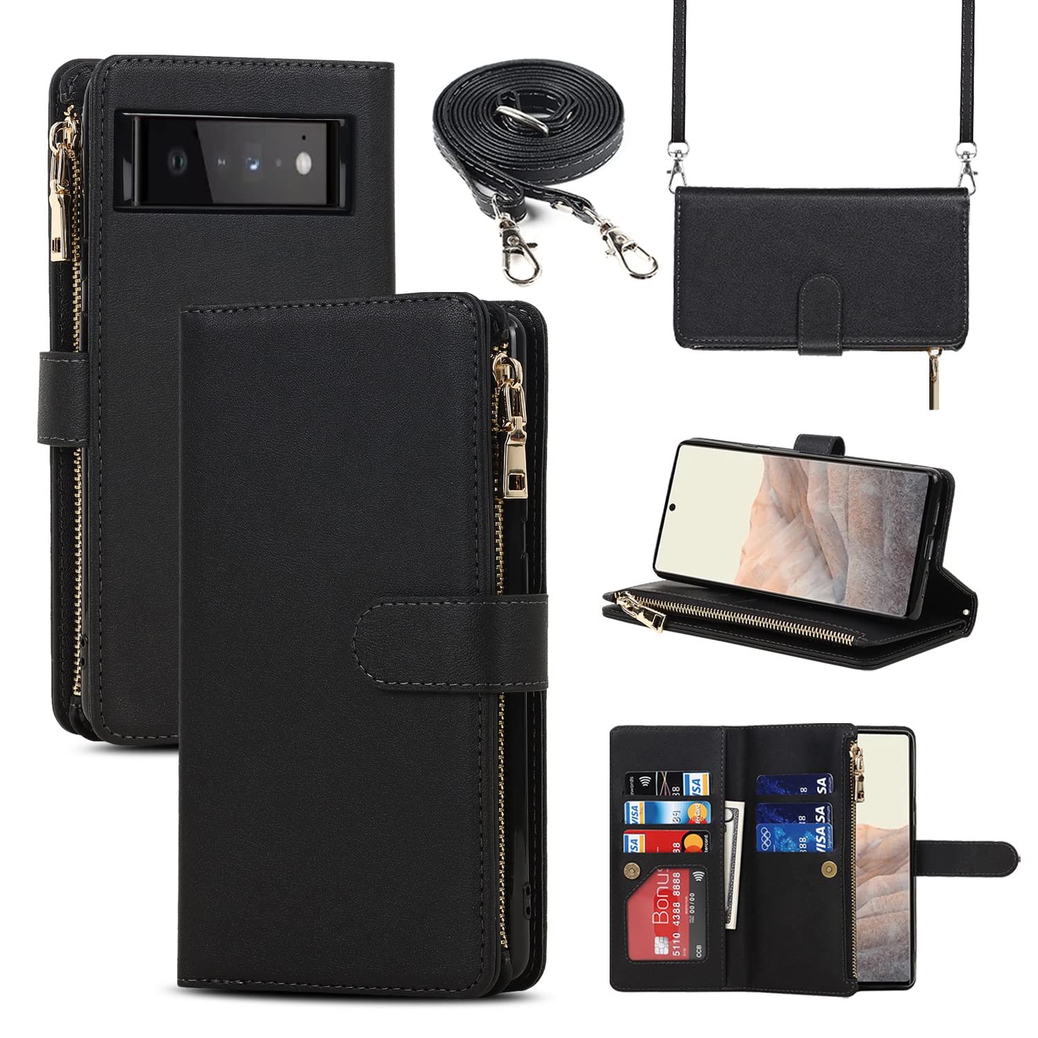 Cavor Google Pixel 6 Case With Card Holders With Strap,Flip Leather Wallet Crossbody Case,[9 Card Holders][Double Buckle][Detachable Lanyard],Phone Case Cover for Google Pixel 6 - Black — image 1