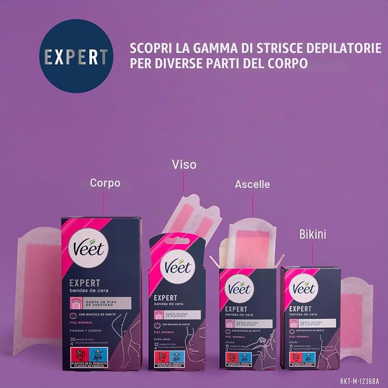 Expert Fasce di cera fredda depilatoria per la depilazione del viso, adatto per labbro superiore (Bigotte), con burro di karitè, 16 strisce