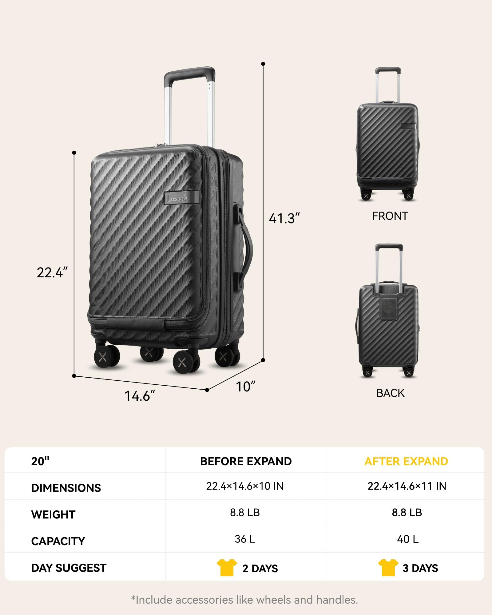 LUGGEX Carry On Luggage with Compartment and Cup Holder, Expandable PC Hard Shell Suitcase with Front Pocket (Gunmetal, 2-Piece (20/Tote))