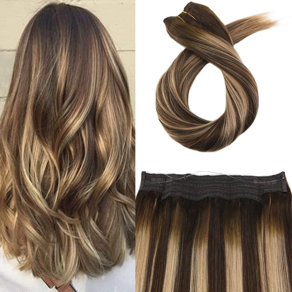 Moresoo Brown Hair Extensions Halo Extensions Real Human Hair 12inch Brown Balayage Hair Halo Hair Extensions for Women #4/27/4 Double Weft Hair Extensions 50Grams
