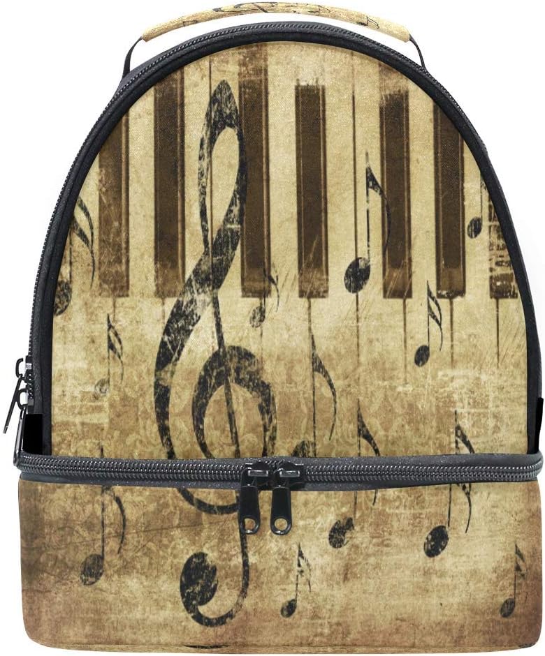 Lunch Box Bag Grunge Retro Musical with Music Notes and Piano kKey Portable Shoulder Double,Insulated Tote Outdoors for School Office Women Men Boys Girls
