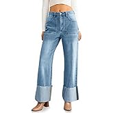 KKSONG Womens High Waisted Baggy Cuffed Jeans Wide Straight Leg Boyfriend Denim Pants with Deep Pockets