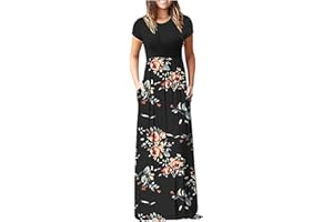 HIUARA 2023 Women Short Sleeves Dresses with Pockets Long Sun Dresses Summer Boho Casual Crewneck Beach Maxi Long Dress