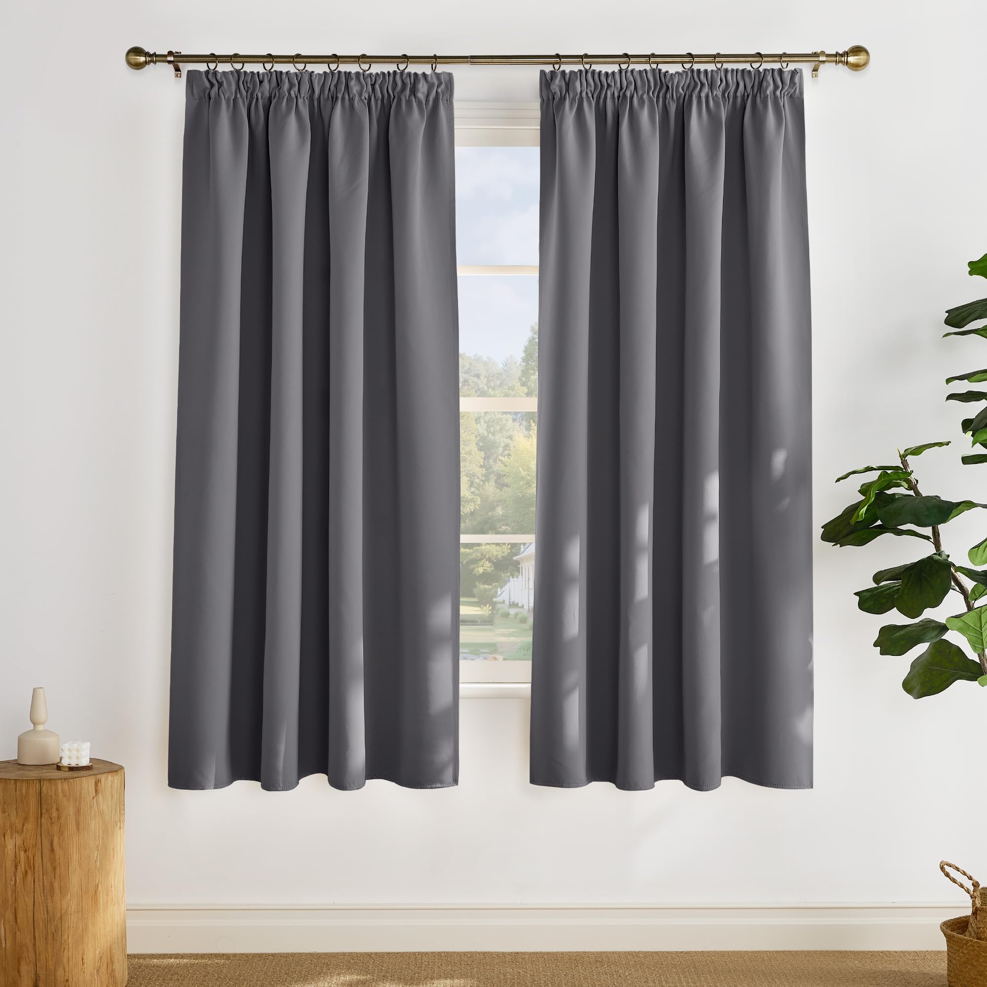 PONY DANCE Grey Blackout Curtains - Pencil Pleat Room Darkening Window Curtain Panels for Boys' Bedroom Solid Window Blinds for Thermal Insulated, W55 X L69, 1 Pair