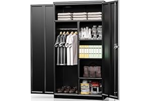 INTERGREAT Metal Wardrobe Cabinets with Lock, 72" Clothing Storage Cabinets with Hanging Rod and 4 Adjustable Shelves, Armoire Wardrobe for Office, School, Employee, Government (Black)