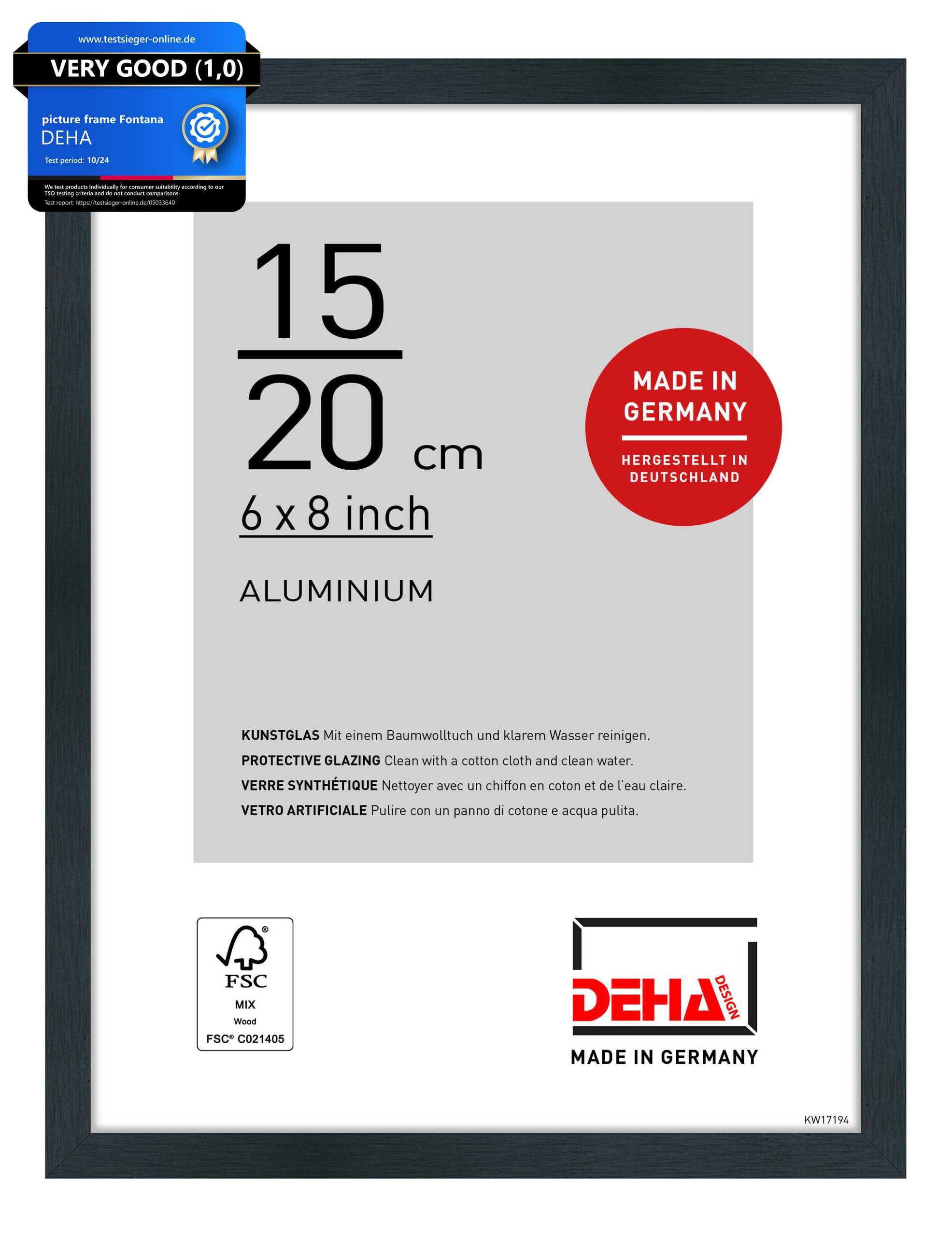 DEHA Design Tribeca Aluminium Picture Frame - 15x20 cm (6x8 in) – Brushed Black - with Synthetic Glass and Push/Turn Clips