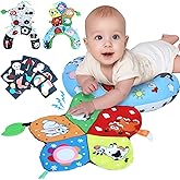 Tummy Time Pillow, High Contrast Tummy Time Mat with Black & White Flash Cards, Double-Sided Tummy Time Cushion with Mirror & Teether Sensory Toys, Baby Toys for Infant Newborn 0-12 Months Babies