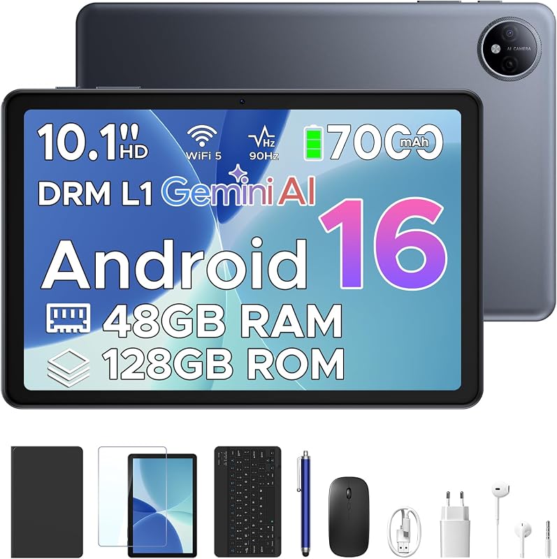P10 Tablet 10 Pulgadas, Tablets Android 16 con Gemini AI, 48GB RAM+128GB ROM, 7000mAh, Unisoc T310 Quad-Core, 90HzFace ID/2 Speakers - Tablet con Teclado,Lapiz,Funda,Ratón,Auriculares - Gris