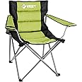 VILLEY Camping Chairs, Padded Folding Chair, Outdoor Portable High Camp Chair, Foldable Outside Arm Chair with Cup Holder & Carry Bag, Green