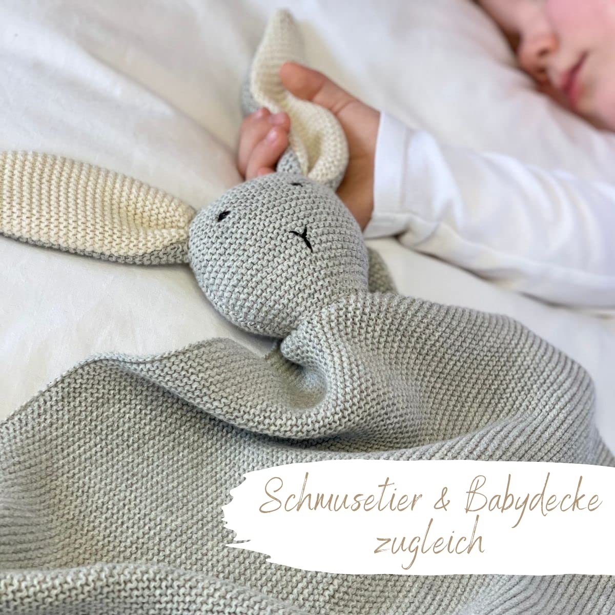DIKOS Original 2-in-1 Babydecke & Kuscheltuch SCHMUSE-Hase (grau) – schönes Geschenk zur Geburt für Neugeborene Mädchen/Junge – aus weicher Bio-Baumwolle (GOTS) – ideal als erstes Baby Kuscheltier 4