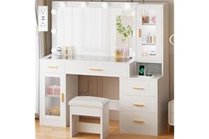 BEWISHOME 49.2" Large Vanity Desk with Mirror and Lights,White Makeup Vanity Table with Glass Top,Stool,Makeup Desk with Power Outlet,5 Drawers,Nightstand,Dressing Table for Bedroom Women FST34W
