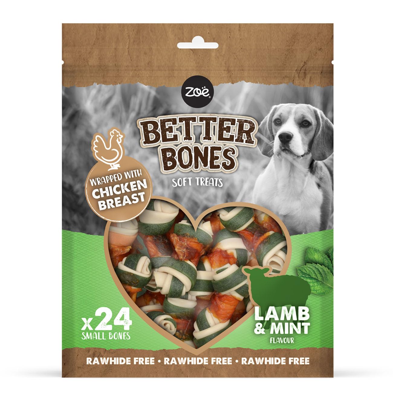 Zoë Better Bones Soft Dog Treat Chews, Pouch of Rawhide-Free, Dog Training Chews Wrapped with Chicken Breast - Lamb & Mint Flavour, 1 Bag of 24 pcs