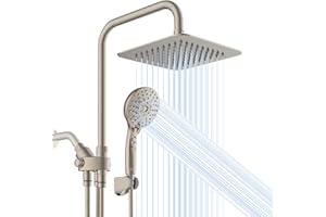 Ryamen Dual Shower Head Combo, Brushed Nickel 8'' High Pressure Rain/Rainfall Shower Head, 6 Settings Adjustable Handheld Showers, with 15" Height Adjustable Slide Bar, Holder/59’‘ Hose