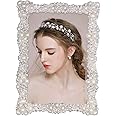 4x6 Picture Frame with Rhinestone and Pearl, Wedding Picture Frame Silver Plated with High Definition Glass Photo Frames with Rhinestones Horizontal and Vertical Decor Tabletop Display (Real Glass)