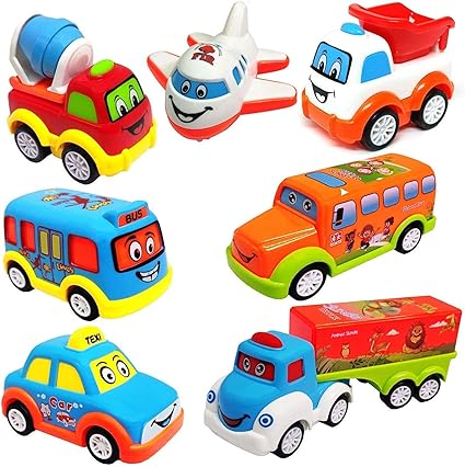 HinikCorporation Unbreakable Friction Powered and Pull Back Automobile Car Plane Truck Taxi Toys for Kids; Set of 7