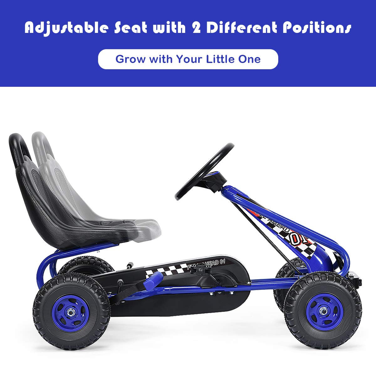 Costzon Go Kart for Kids, 4 Wheel Pedal Powered Go Cart with Adjustable Seat, Handbrake & Non-Slip Wheels, Outdoor Racer Ride On Pedal Car, Gift for Boys Girls (Blue)