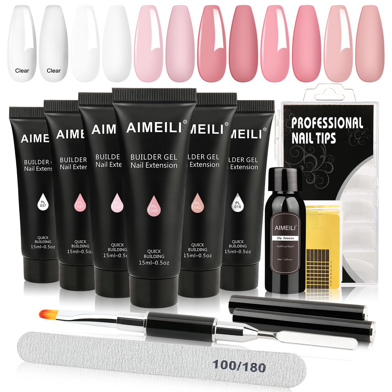 AIMEILI Poly Nail Gel Set, 6 Colors 15ml Nude Pink Poly Nail Extension Gel Set Builder Nail Gel French Manicure Builder Enhancement Starter Kit Basic Manicure Tools for Women Kit13