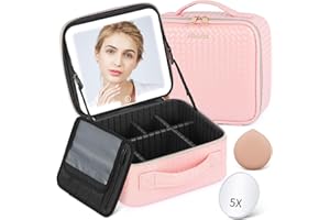 Aiborke Travel Makeup Bag with Led Mirror Makeup Case with Lighted Mirror Cosmetic Organizer bag with Adjustable Dividers and 5X Magnifying Mirror Gift for Women (Pink)