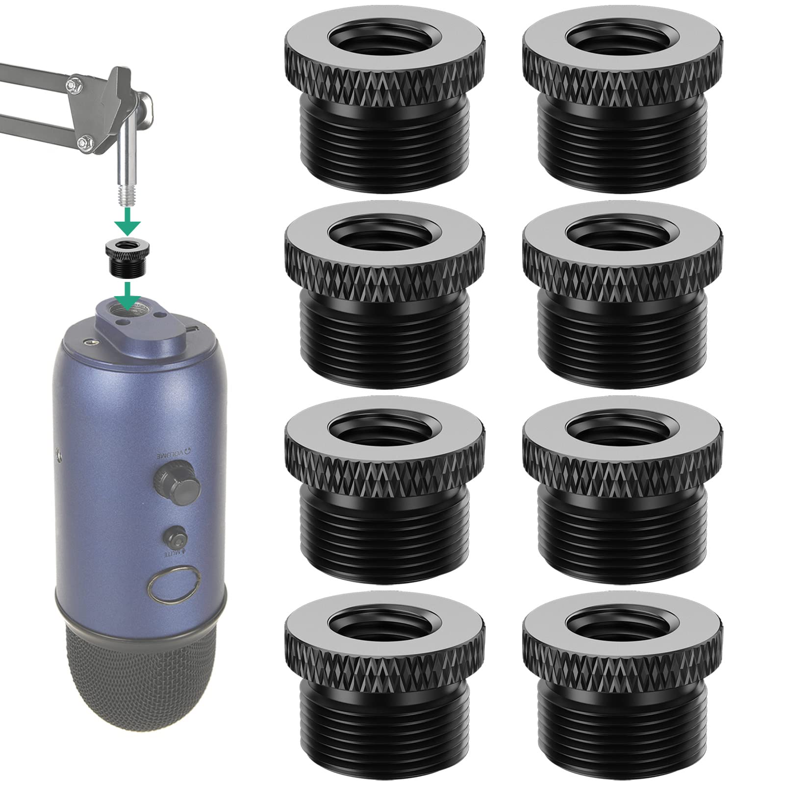 Rigych Blue Yeti Mic Screw Adapter 5/8 Male to 3/8 Female, Metal Screw Thread Adapter for Blue Yeti X/Snowball Mic Boom Arm Stand, 8 Pcs (Black)