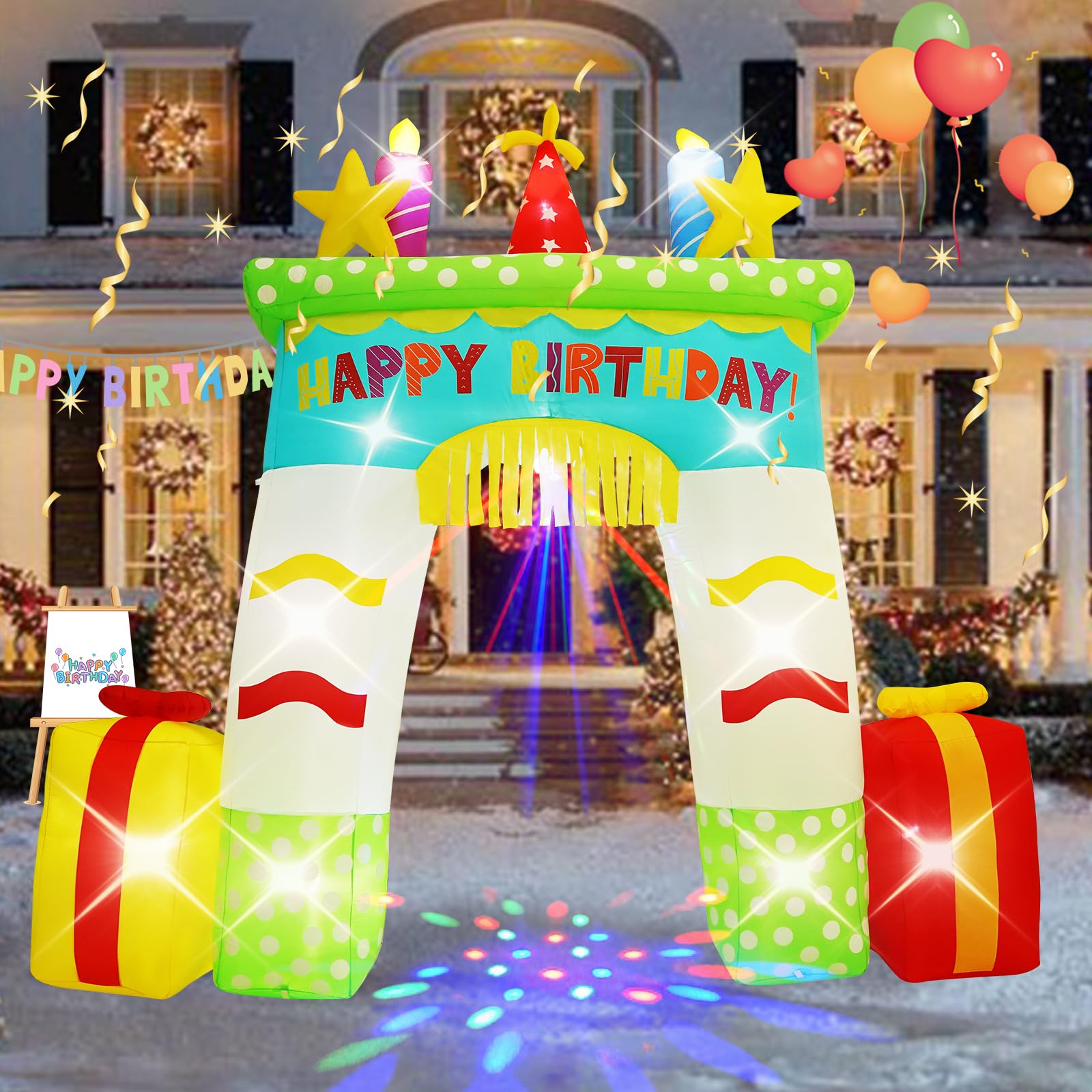 Photo 1 of 11FT Birthday Arch, Built-in LED Lights and Colorful Rotating Lights, Suitable for Indoor and Outdoor, Garden, Lawn Birthday Inflatable Decoration