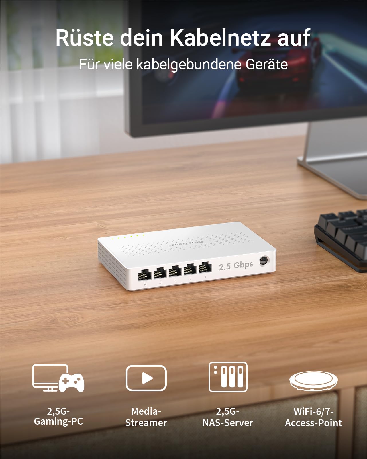 BrosTrend 5-Ports 2.5G LAN Switch, 2.5 Gbit/s Unmanaged Ethernet Netzwerk Switch für Gaming-PC NAS Server, Gigabit Switch LAN Splitter (Plug-and-Play, Lüfterlos, Desktop/Wandmontage, Lifetime-Schutz) 3