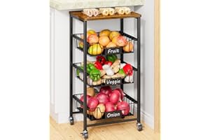 Giwil Vegetable Fruit Basket for Kitchen Pantry Organizers Storage, 4-Tier Utility Rolling Cart on Wheels with Wood Top and Drawer Wire Baskets for Onions Potatoes Snacks, Black