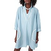 Ailoqing Swimsuit Coverup Womens V Neck 3/4 Sleeve Casual Shirt Dress with Pockets