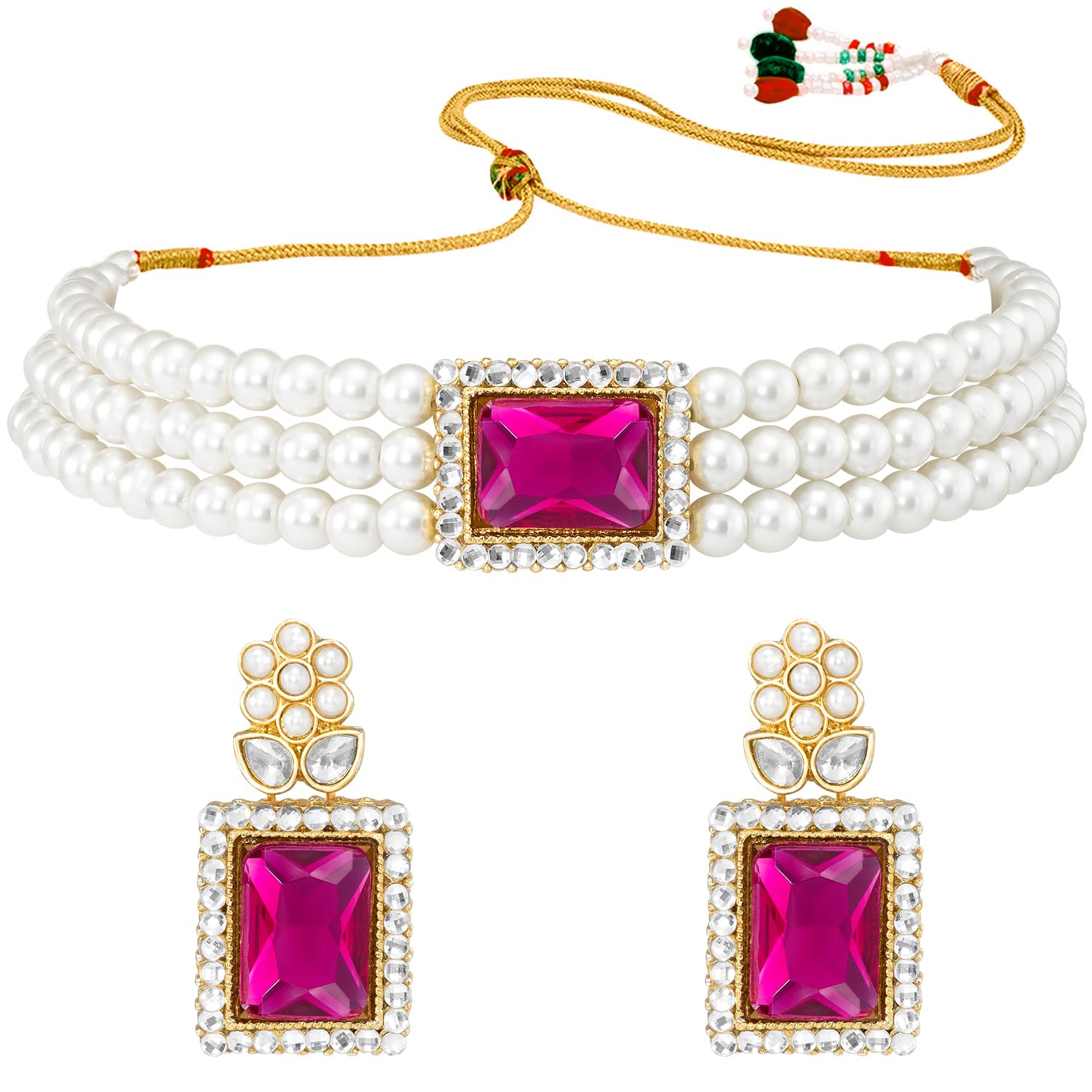 Photo 1 of Aheli Gold Plated Rani Pink Kundan Beads Studded Choker Necklace & Dangle Earrings Set Ethnic Traditional Jewelry Gift for Women