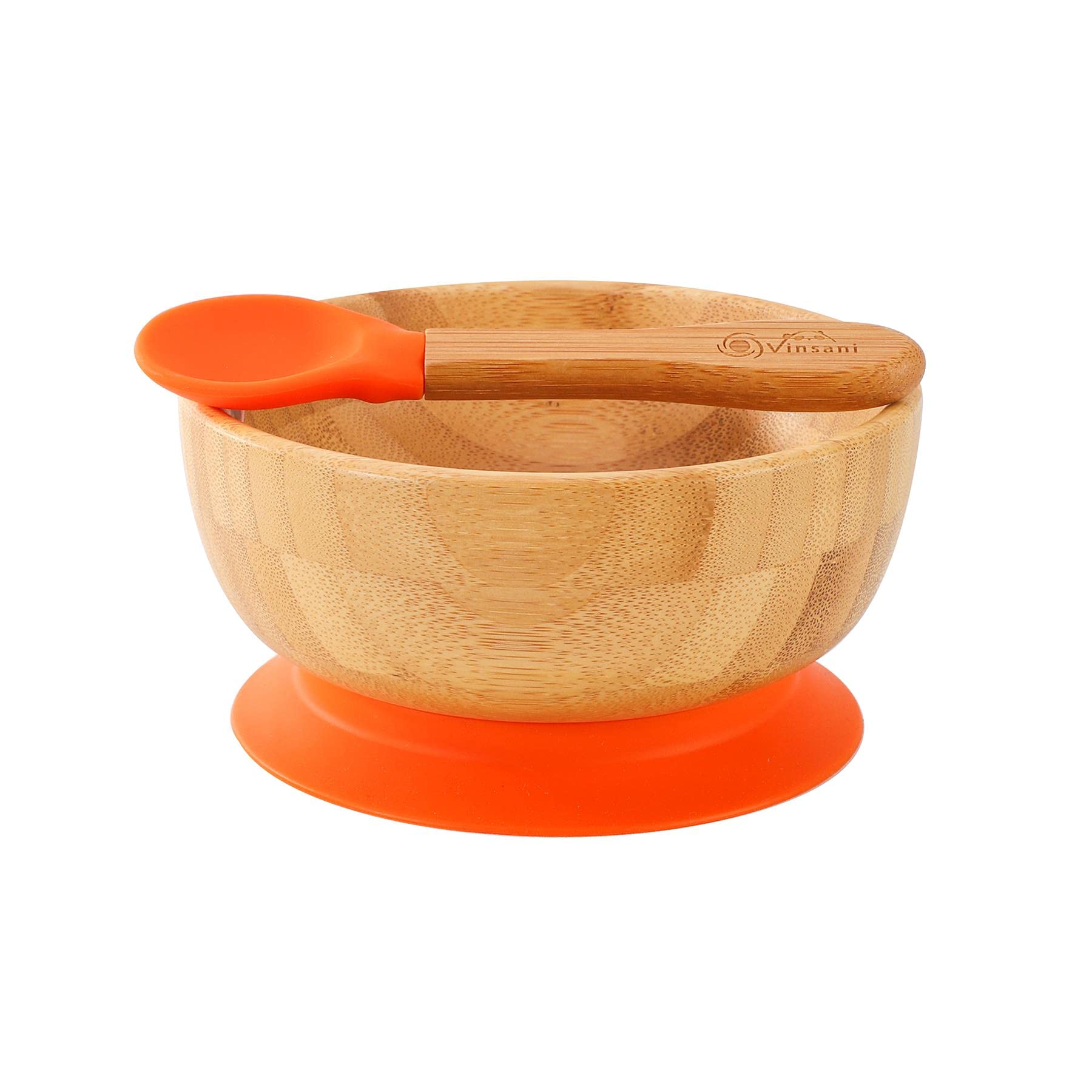 Vinsani Bamboo Bowl and Spoon Set for Baby/Toddler, Suction Plate, Stay-Put Design, Hypoallergenic and BPA-Free (Orange)
