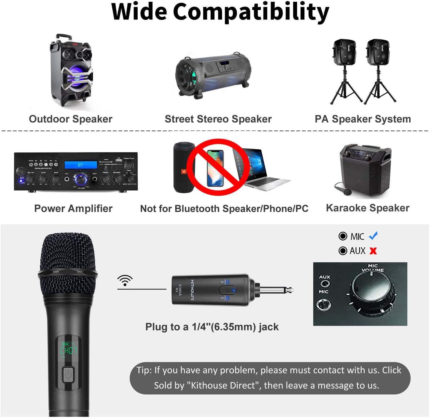 Kithouse K380A Wireless Microphone Karaoke Microphone Wireless Mic Dual With Rechargeable Bluetooth Receiver System Set - UHF Handheld Cordless Microphone For Singing Speech Church(Elegant Black): Musical Instruments