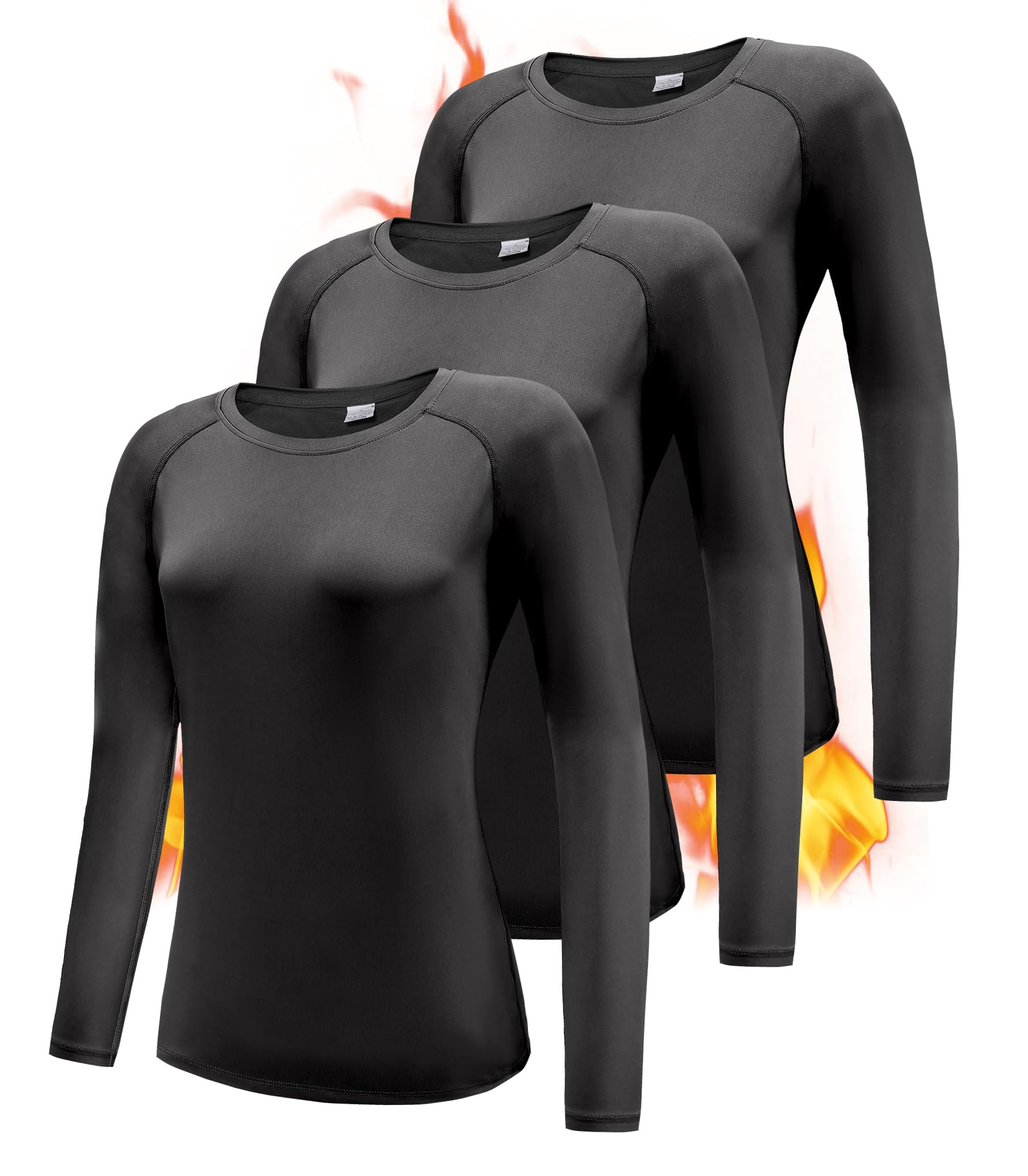 Boyzn 3 Pack Thermal Long Sleeve Shirts for Women, Fleece Lined Long Sleeve Undershirt for Women, Athletic Base Layer Workout Running Thermal Gym T-Shirts Tops 3P09-Black-XL Image