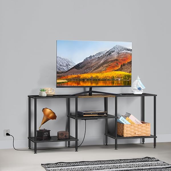 BTY FARMHOUSE TV STAND WITH STORAGE INDUSTRIAL TV CONSOLE WITH POWER OUTLET, 45 INCH WOODEN TV ENTERTAINMENT CENTE FOR LIVING ROOM, BEDROOM, SMALL SPACE, GREY