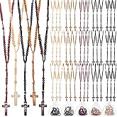 INTERWARM 50Pcs Wooden Rosary Beads Necklace, Cross Pendant Rosary Necklace with Organza Bags 8MM Wooden Beads Pendant Baptism Favors for Men Women Easter Day Christian Jewelry Gifts, 5 Colors