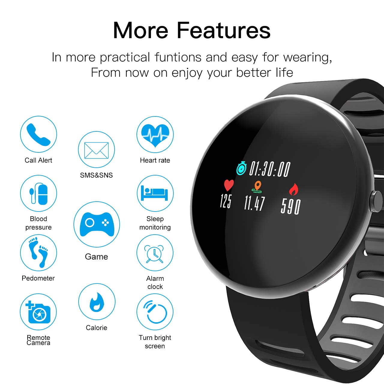 ROADTEC Smart Watches for Men Women Fitness Tracker Watch with Heart Rate Monitor,IP67 Waterproof Activity Tracker with Calorie Pedometer Sleep Monitor for Android (Black+Gray)