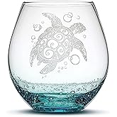 Integrity Bottles Tribal Sea Turtle Design Stemless Wine Glass, Handmade, Handblown, Hand Etched Gifts, Sand Carved, 18oz (Bubbly Teal)