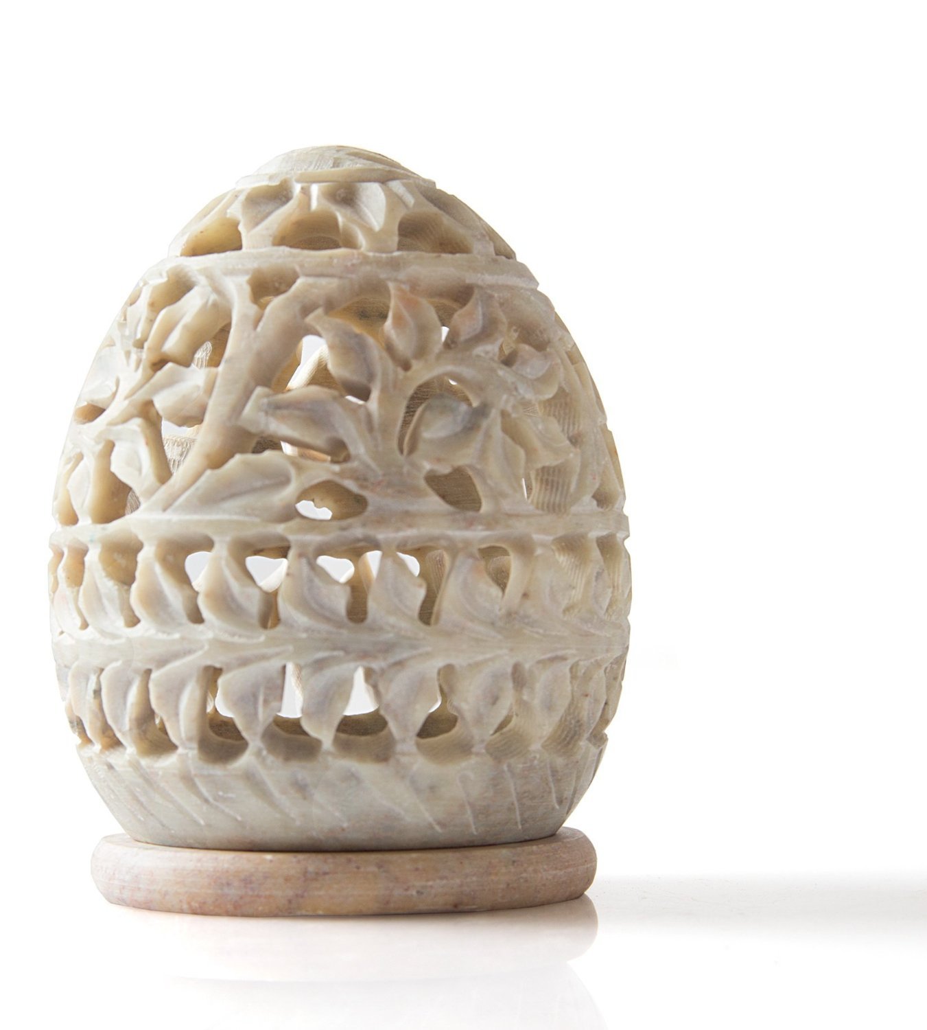 Zap Impex Soapstone Tea Light Holder Oval Shaped with Intricate Vine Perforated and Floral Pattern 3.5 Inches