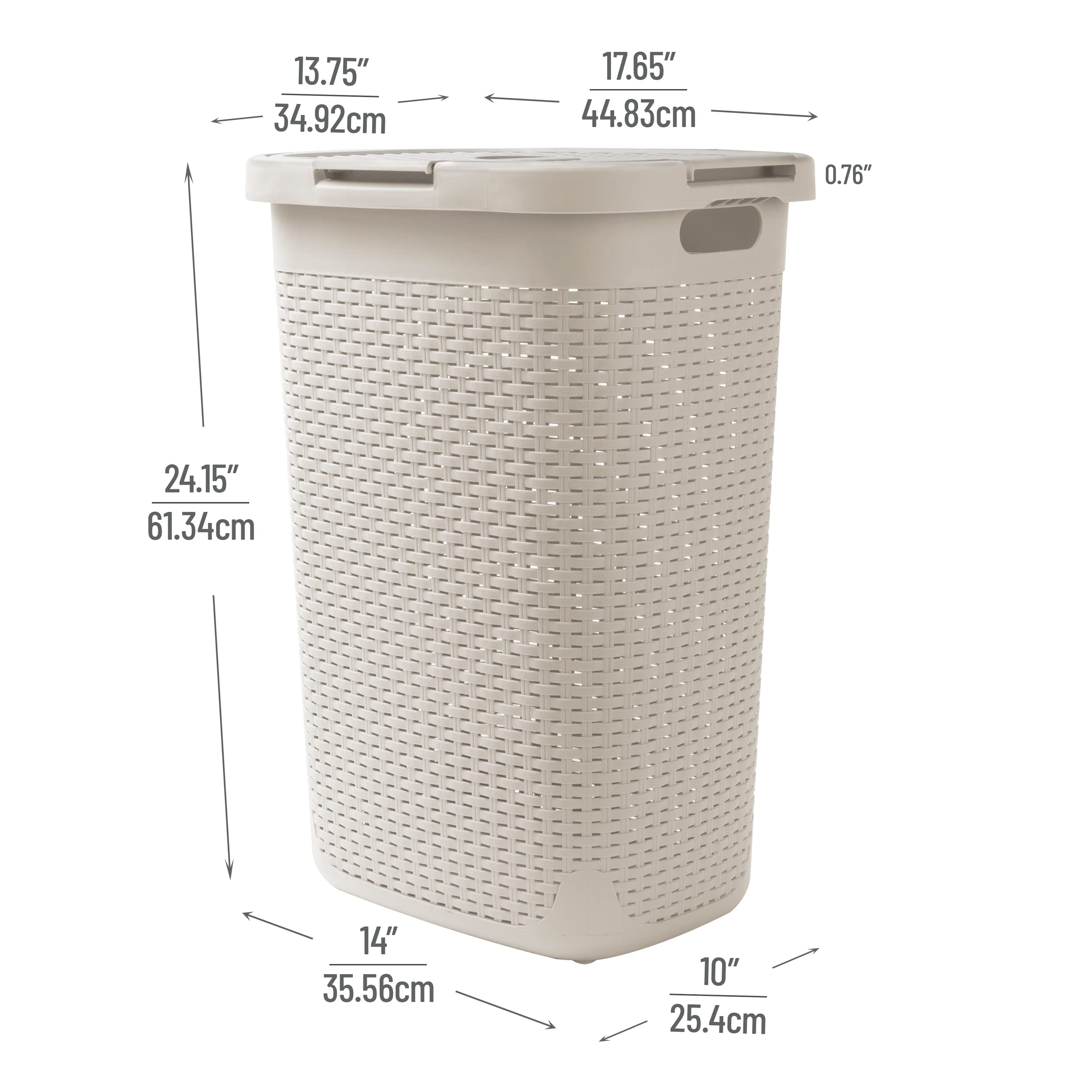 Mind Reader Slim Laundry Hamper with Lid, 60L Clothes Basket, Premium Wicker Design, Plastic, Ivory
