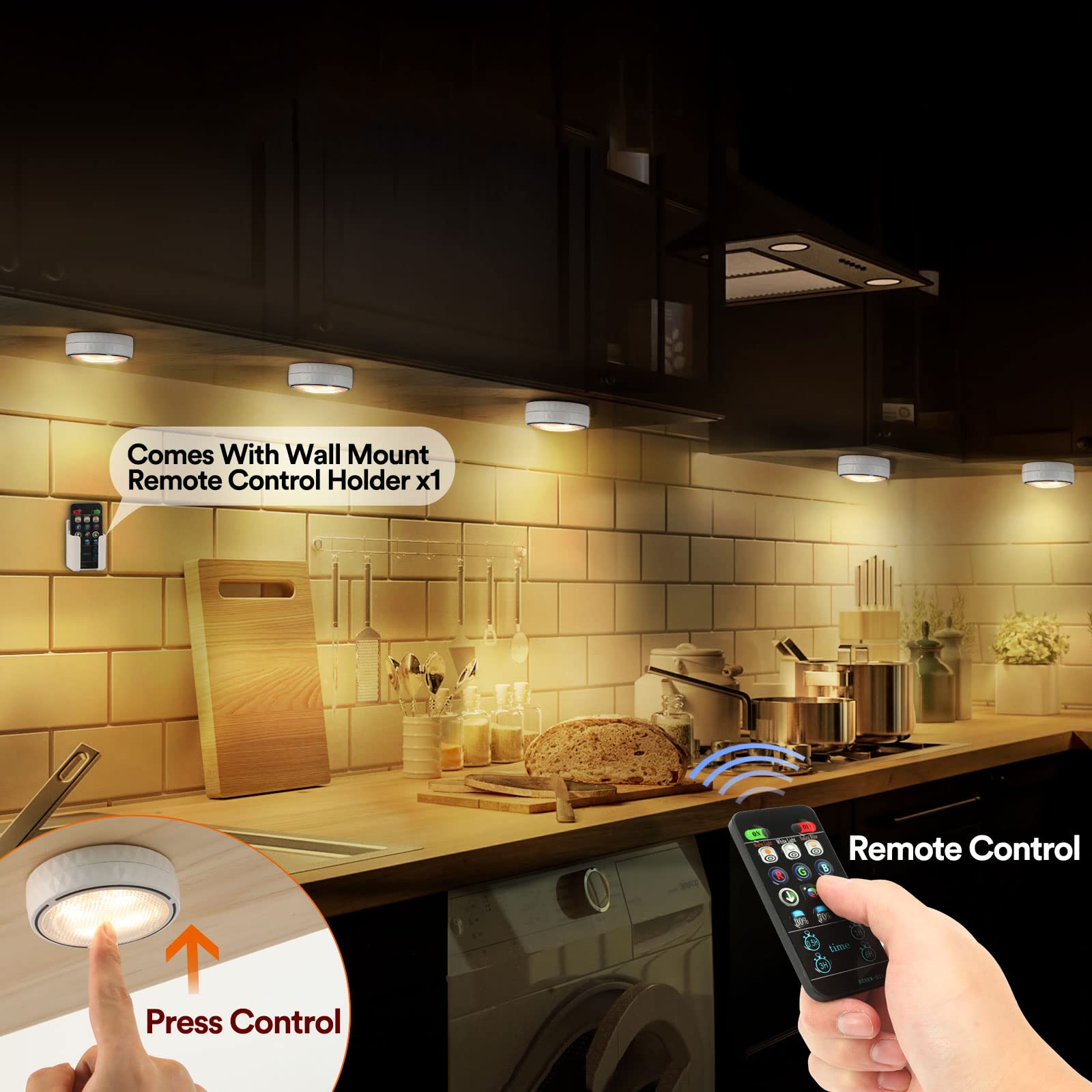 TECOMLIGHT Puck Lights with Remote Control, Battery Operated Wireless Under Cabinet Lighting, Stick on Tap Push Lights for Kitchen, Shelf, 6 Pack - White