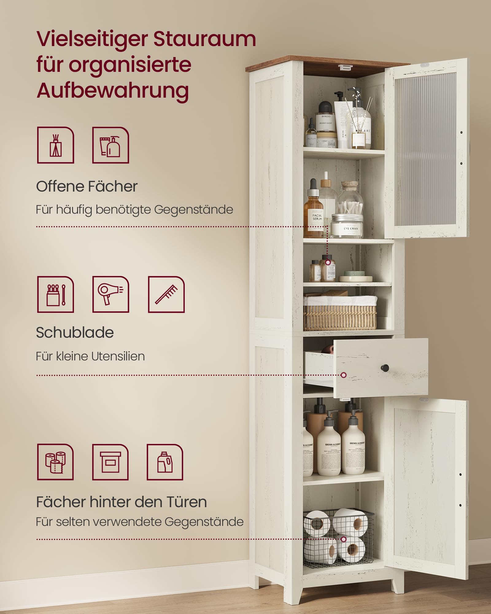VASAGLE LIRY Kollektion - Badezimmerschrank im Landhausstil, Badschrank schmal, Badmöbel, offene Fächer, 1 Schublade, mit Türen, vintageweiß-honigbraun, 31,5 x 40 x 171 cm BBK760W101 7
