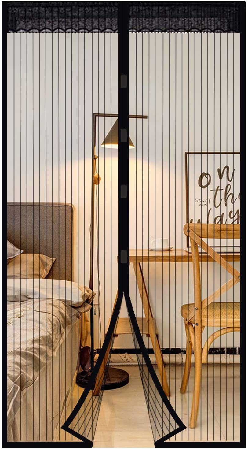 Magnetic Screen Door, Polyester Magnetic Door Fly Screen Curtain Magic Paste Curtains Super Quiet Stripes Encryption for Anti Mosquito or Anti Pest Magnetic Soft Door (Black, 80 x 200 cm)