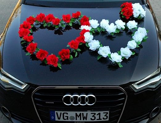 DOPPEL HERZ Auto Schmuck Braut Paar Rose Deko Dekoration Autoschmuck Hochzeit Car Auto Wedding Deko Ratan (Rot / Reinweiß)