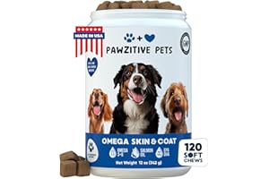 PAWZITIVE PETS Chews for Dogs, Omega 3 Fish Oil - Dog Coat & Skin Supplement - USA Product - Itch Relief, Hot Spot Treatment - Salmon Oil for Dogs - 120 Soft Treats - Itching Skin Relief, Shedding, Hip & Joint