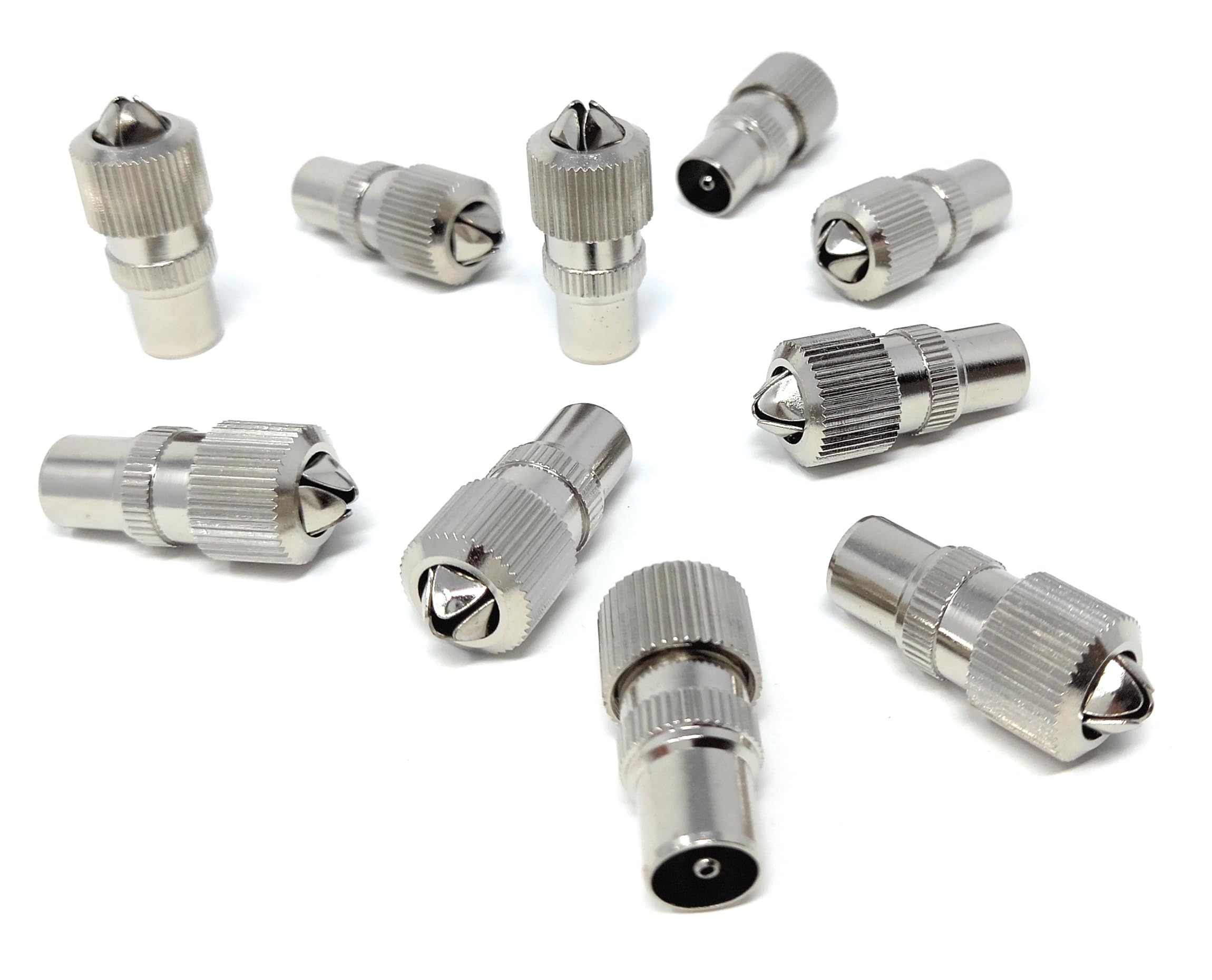 DRUT 10pcs. TV RF Male Plug Connector Adapter for Aerial Coaxial Coax Cable (Toolless Push In End) Silver