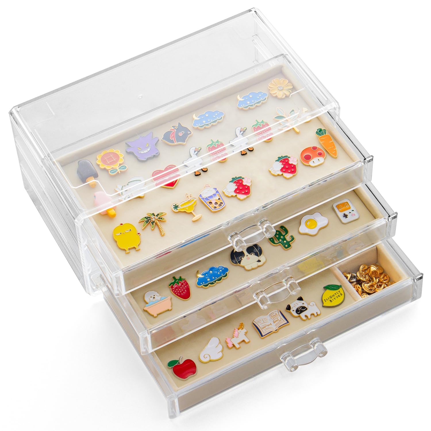 Photo 1 of SPAKOWN Pin Display Case With 3 Drawers, Enamel Pin Display Box Dustproof Pin Collection Display Holder Pin Organizer for Collectors (Beige)