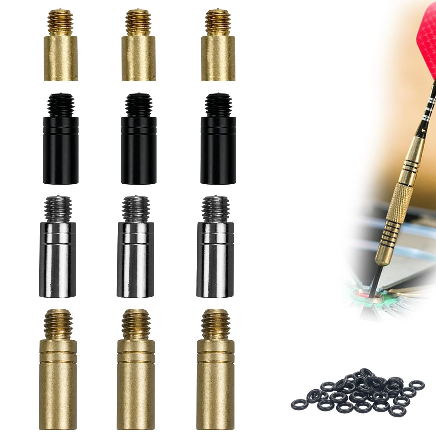 Lechengjia 12 Pcs 3 Colors Dart Weights Brass Add Accentuator Darts Weight Dart Tool Kit For Dart Counterweight Accessories,With 50 Washers(3g Gold, 2,5g Silber, 2g Schwarz, 1,5g Gold)