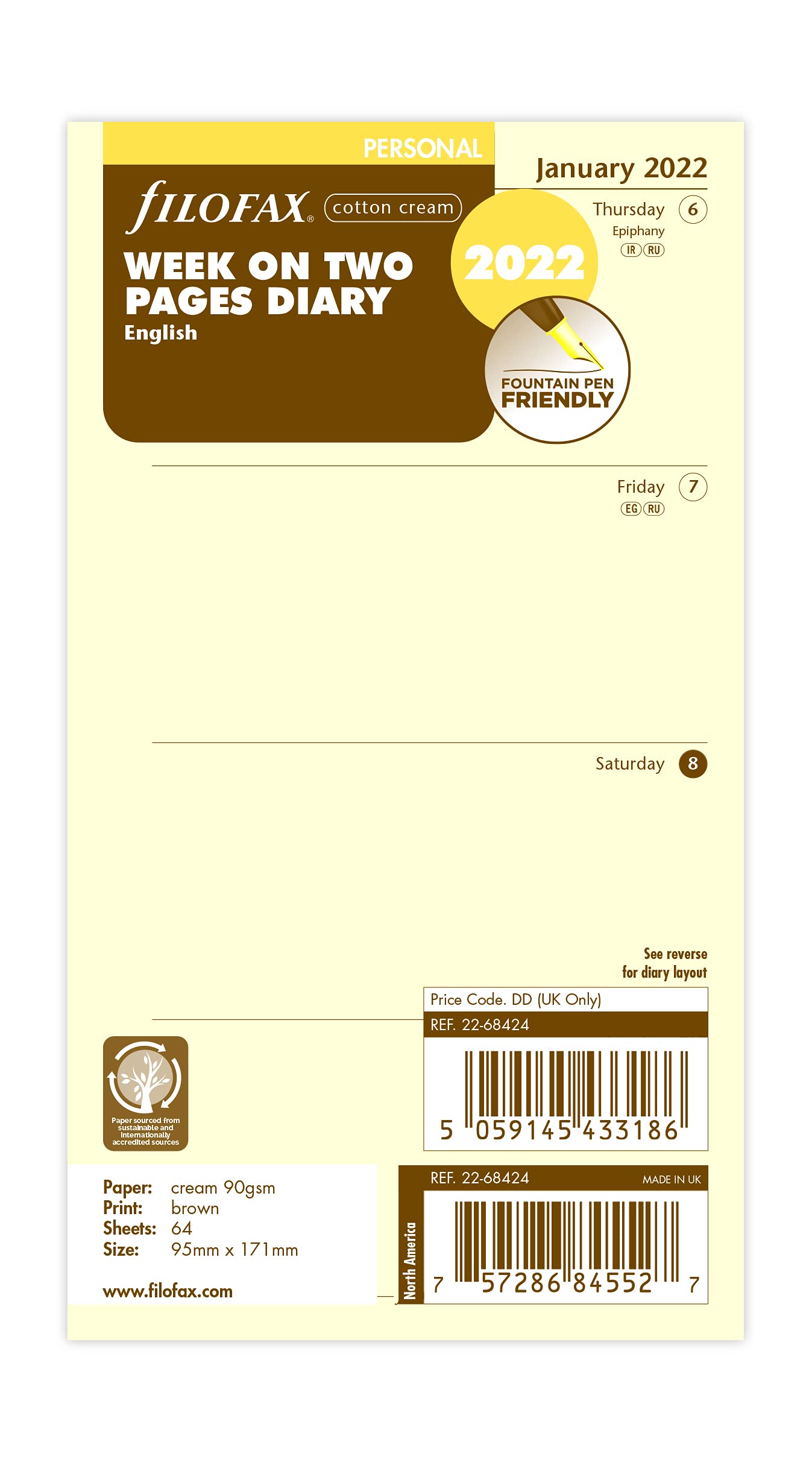 Filofax Personal Week on Two Pages Cotton Cream English 2022 Diary