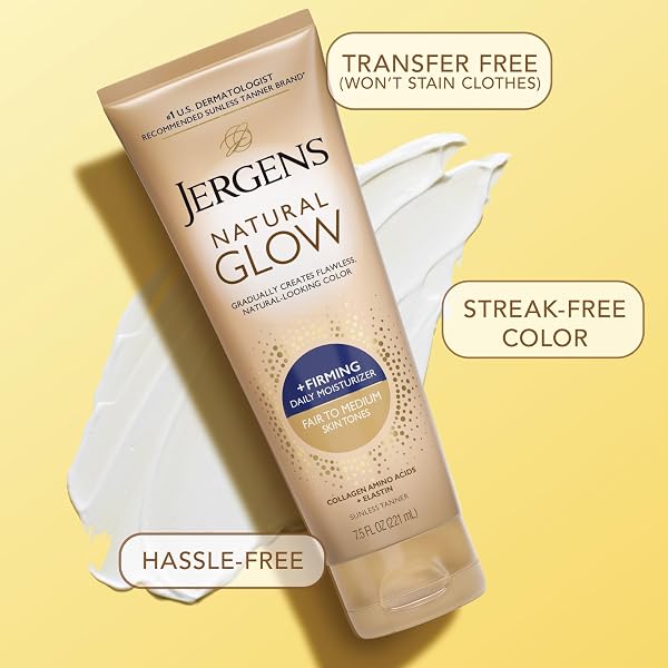 JERGENS NATURAL GLOW +FIRMING SELF TANNER BODY LOTION, FAIR TO MEDIUM SKIN TONE, SUNLESS TANNING MOISTURIZER WITH COLLAGEN AND ELASTIN, HELPS TO VISIBLY REDUCE CELLULITE, 7.5 FL OZ
