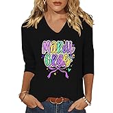 Mardi Gras Shirt for Women Fat Tuesday V Neck Tshirts New Orleans Carnival Party 3/4 Sleeve Holiday Tees Tops