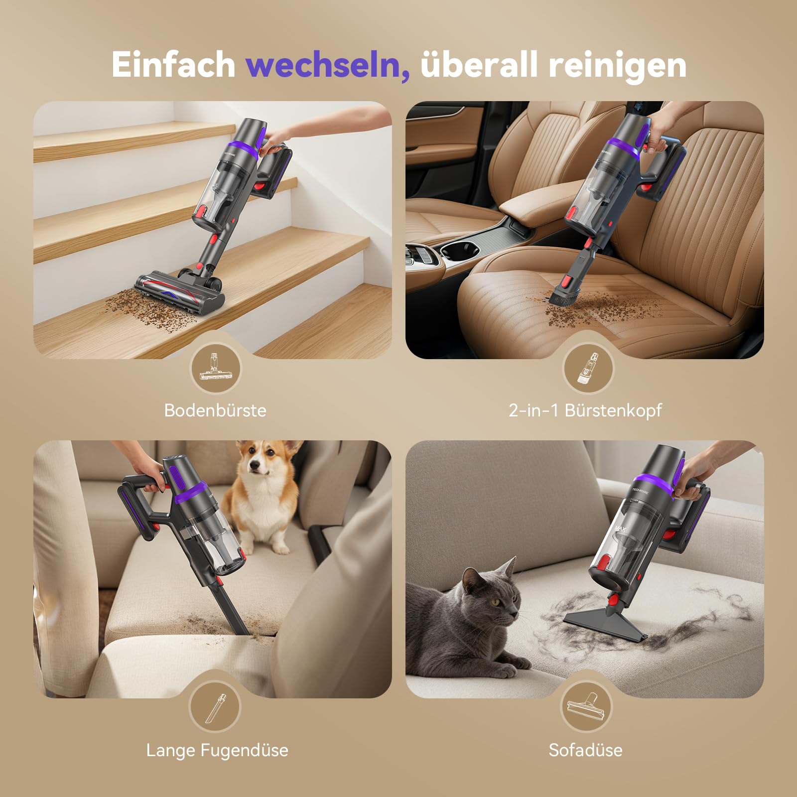 TechRise Akku Staubsauger 45000Pa/500W/60Min, Anti-Tangle-Bürste & 8-in-1-Funktion (Selbststehend) Staubsauger Kabellos mit Display, Stielstaubsauger für Zuhause, Tierhaare/Teppiche/Hartböden 6