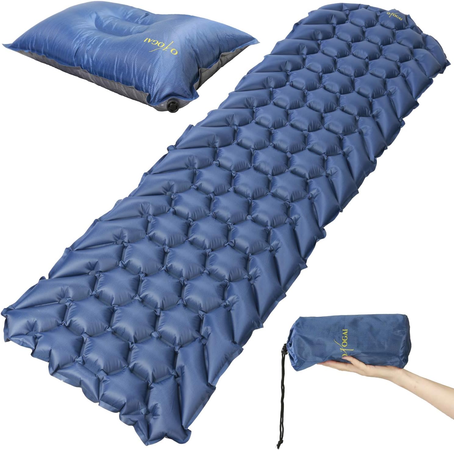 OKOGAI Inflatable Air Sleeping Pad [Not Foam] | Compact Ultralight Air Mattress + Self-Inflating Pillow | Best for Camping, Backpacking, and Hiking | High Insulation (R-Value 2.5!)